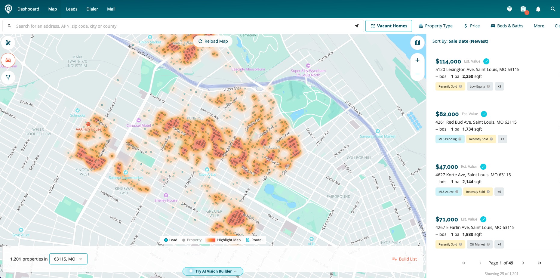 DealMachine Map Vacant Homes 63115