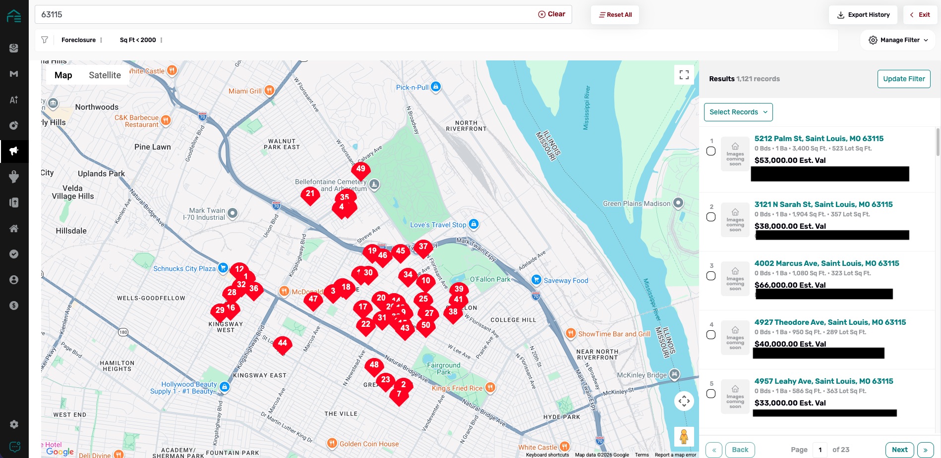 REsimpli Map of Vacant Homes 63115