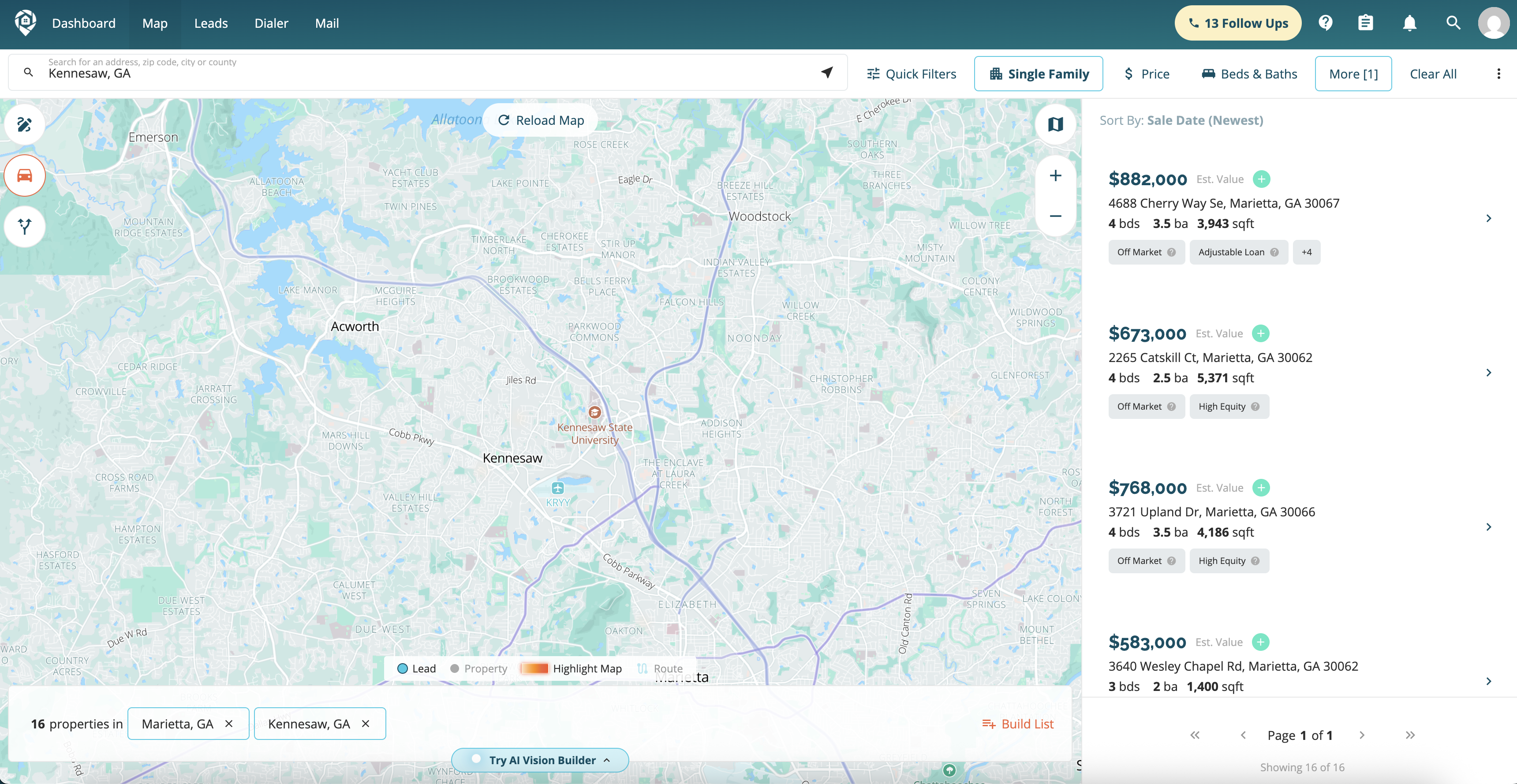 DealMachine Map tab with filters for Tax lien properties